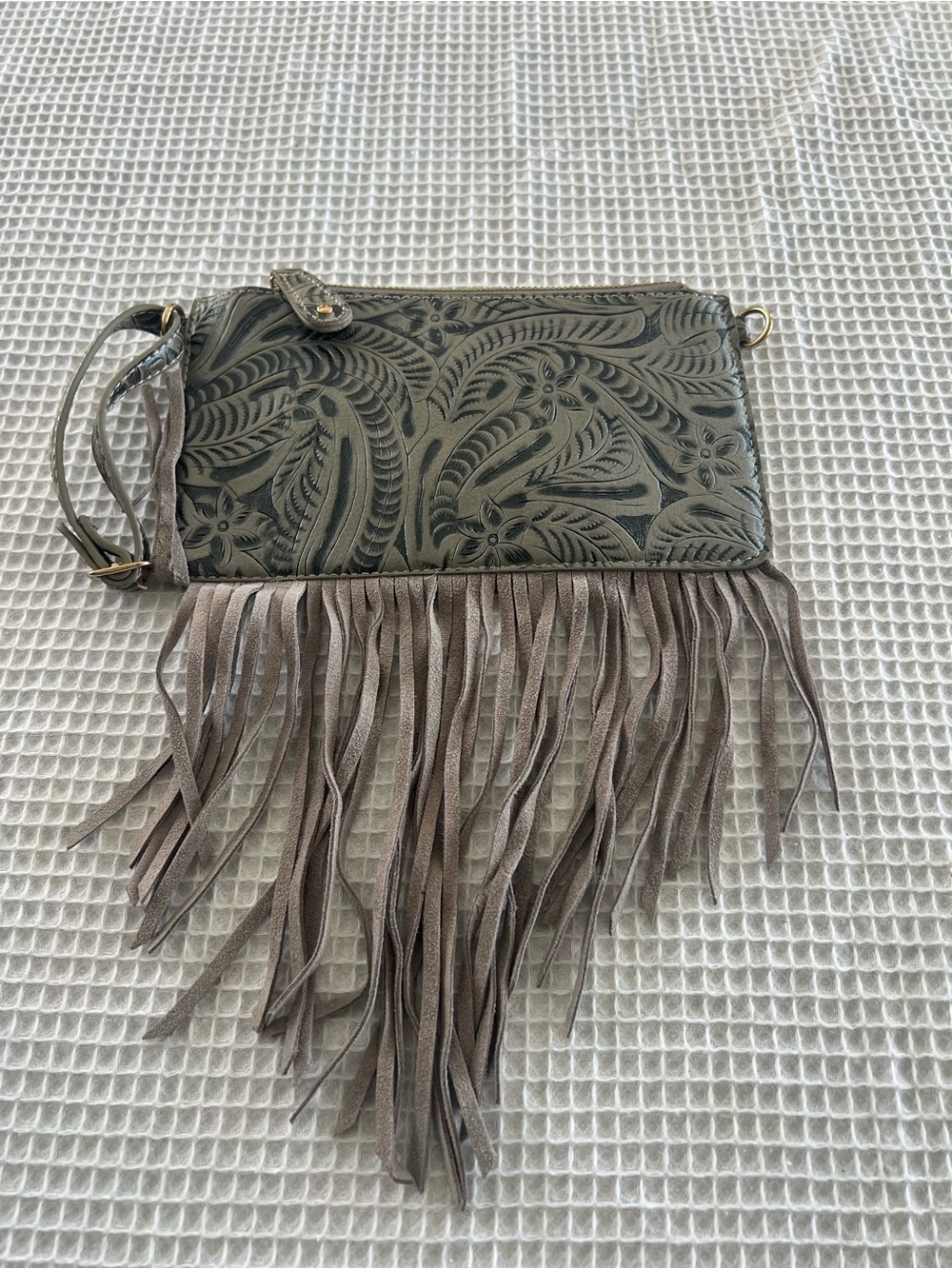 Gray Tooled Leather Fringe Clutch / Crossbody – Boho Artisan Style
